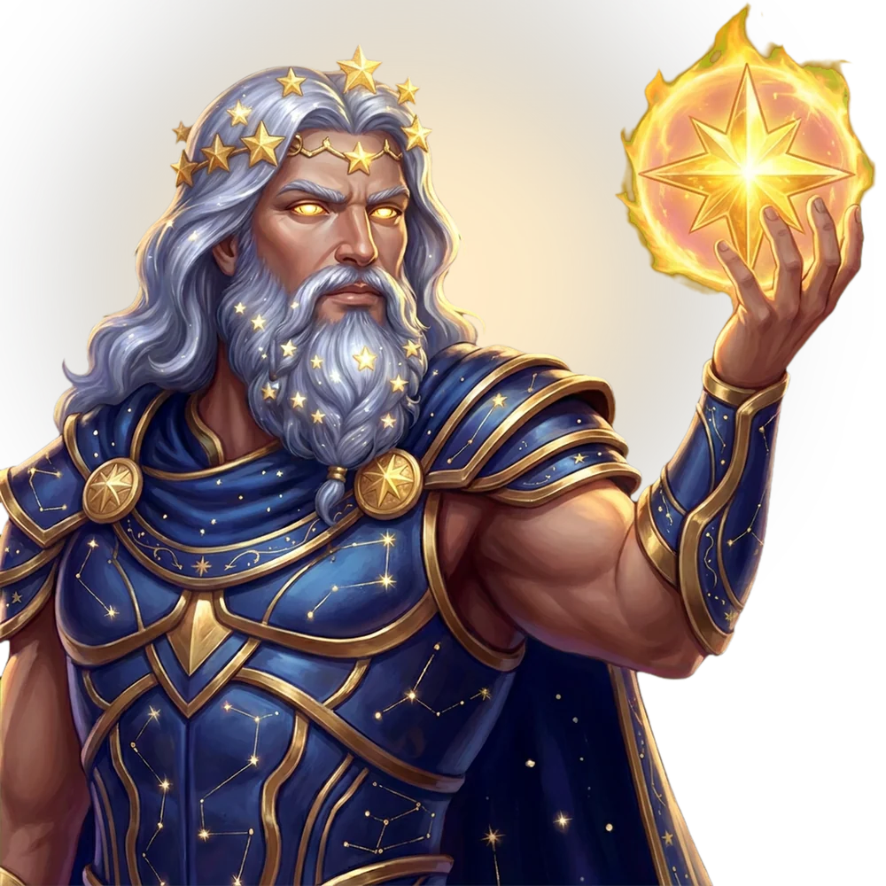 Astraeus, Titan of the Stars, holding a blazing star orb